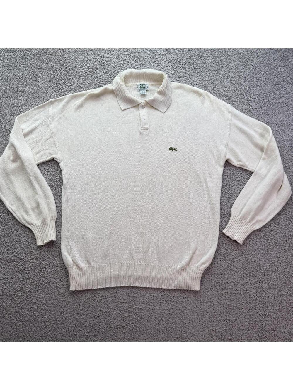 Vintage 90s Izod Lacoste Knit Polo Sweater Cream Long Sleeve Crocodile Logo L